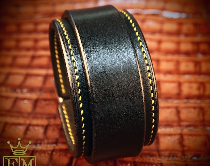 Black Leather cuff wristband : Black Bridle leather with Gold hand-stitching handmade in New York