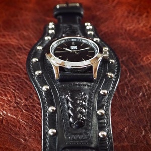Black Leather cuff watch : FM Quartz watch, Studded, handstitched, laced and lined watch band Bracelet,Sleek and Sexy style! Great Gift