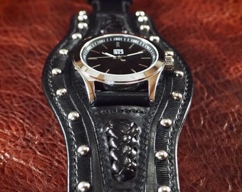 Handstitched Black Leather Cuff Watch: Studded FM Quartz Watch