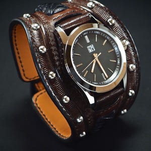 Brown Leather cuff watch : FM watch, Studded, handstitched, laced and lined watch band Bracelet,Sleek and Sexy style! Great Gift