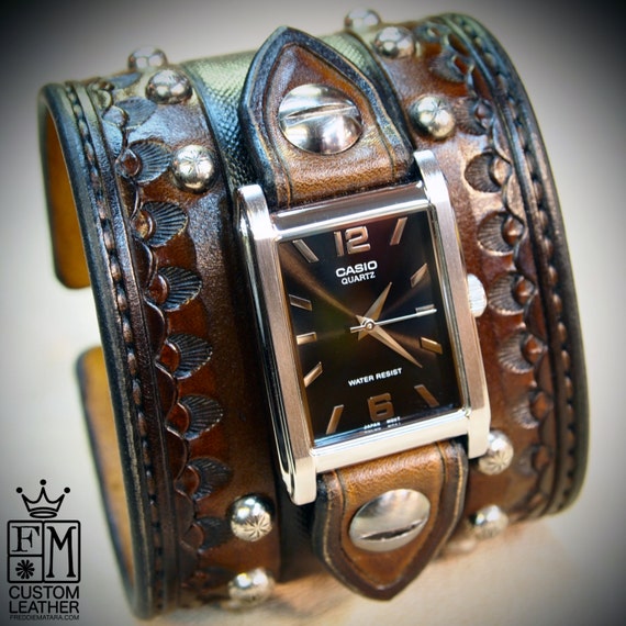 Leather cuff watch Cowboy Rockstar Style Old west Punk wristwatch Wide and DEEP handmade for YOU in USA by Freddie Matara!