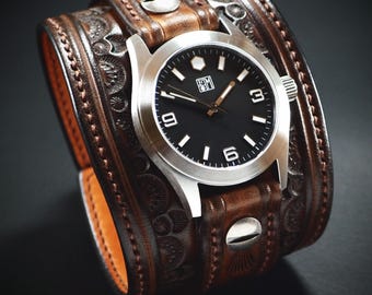 Tooled Leather Cuff Watch: Vintage Western Cowboy Style - Handmade in NY