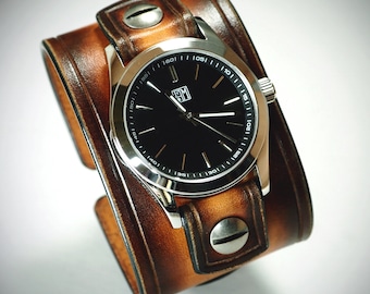 Sunburst Leather cuff Watch : Vintage style Veg-tan leather Wide wrist watch! Hand made in New York!