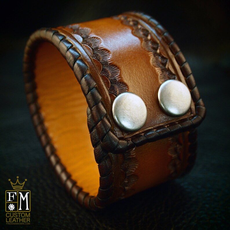 Leather Cuff Bracelet : Custom Brown Tan Sunburst Hand Stamped | Etsy