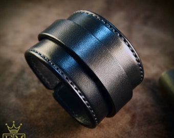 Black Leather cuff Bracelet : Handstitched custom Luxury Handmade for YOU in New York by Freddie Matara