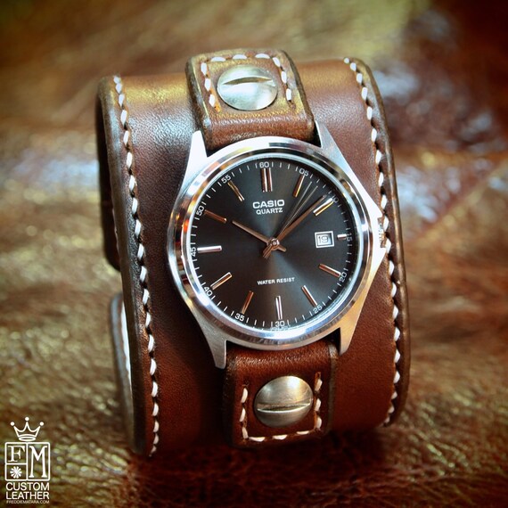 Brown Leather cuff Watch : Vintage style handstitched bridle leather watch band with Casio watch / Mens gift Made in New York