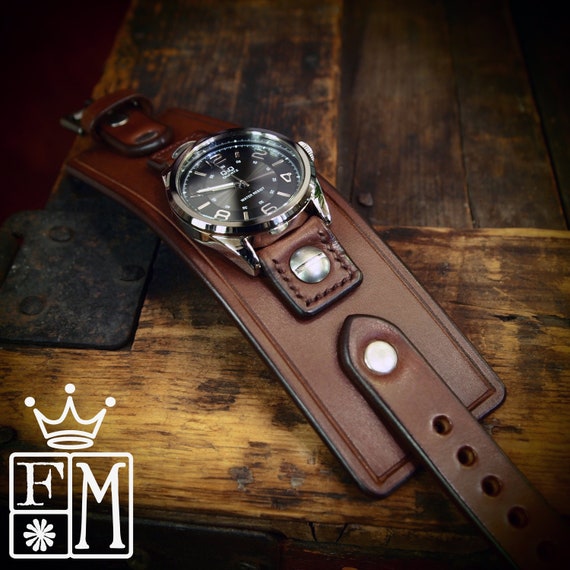 Brown Leather cuff Watch : Vintage style American bridle leather wristband, watchband, wrist watch. Hand made in NY!