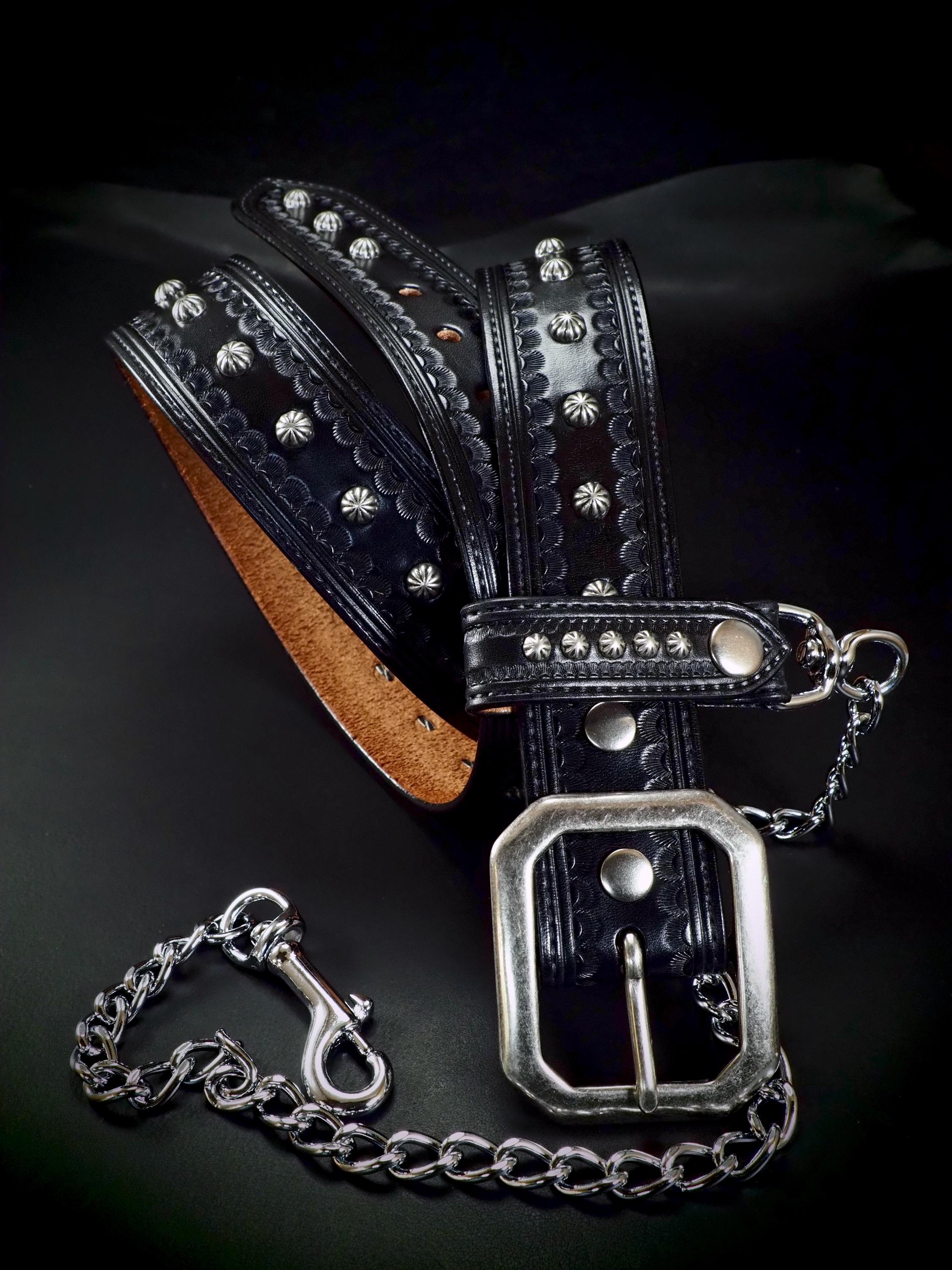 Black Leather Studded Belt and Wallet Chain : Hand Tooled