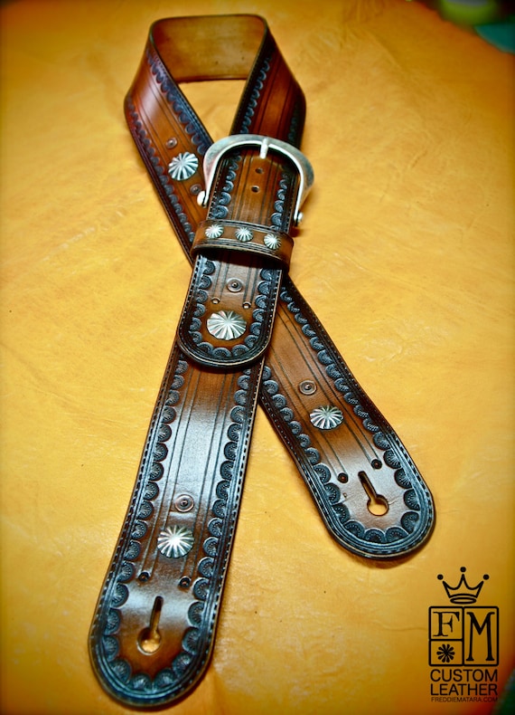 Leather Guitar Strap : Brown tobacco Sunburst. OUTLAW Cowboy Rockstar - Tooled Vintage Style Handmade for YOU in USA