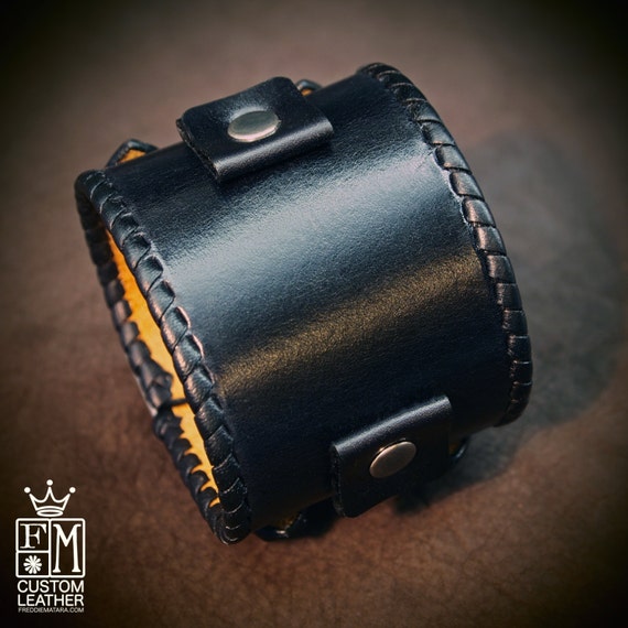 Leather bracelet cuff Black vintage Johnny Depp style watchband whipstitched cuff Best quality Made in New York for YOU by Freddie Matara