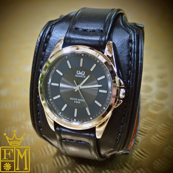 Black Leather cuff watch : Layered Black watch band Bracelet. Unique stacked and curved Design!