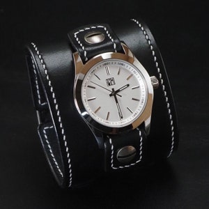 Black Leather cuff Watch : double buckle Vintage style handstitched bridle leather Old school wrist watch! Hand made in New York USA