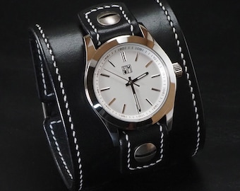 Handstitched Black Leather Cuff Watch: Vintage Style Bridle Leather