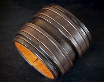 Brown Leather Cuff Bracelet: Italian Bridle Leather Double Strap Wristband