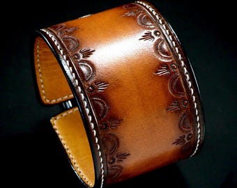 Leather cuff Brown Vintage sunburst Hand tooled and Handstitched