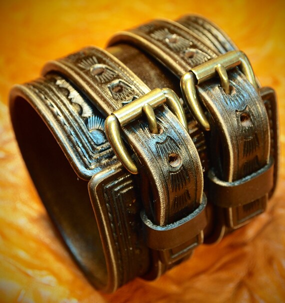 Brown Leather Wrist Cuff : Traditional American COWBOY Rockstar wristband, Vintage Old West Bracelet Made in USA