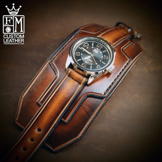 Leather cuff watch Brown Tobacco sunburst Super wide layered Brown watch band cuff Bracelet Handmade for YOU in USA by Freddie Matara