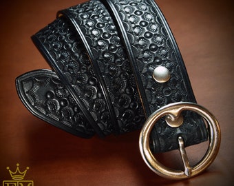 Black Leather studded Belt and Wallet chain : Hand Tooled Vintage style!  Custom made in NewYork!