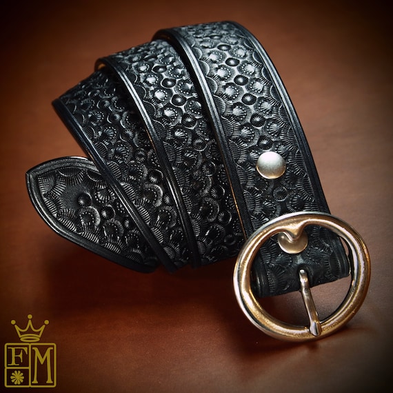 Black Leather Belt : 1.5" Custom vintage finish. Hand Tooled and made just for YOU in New York!