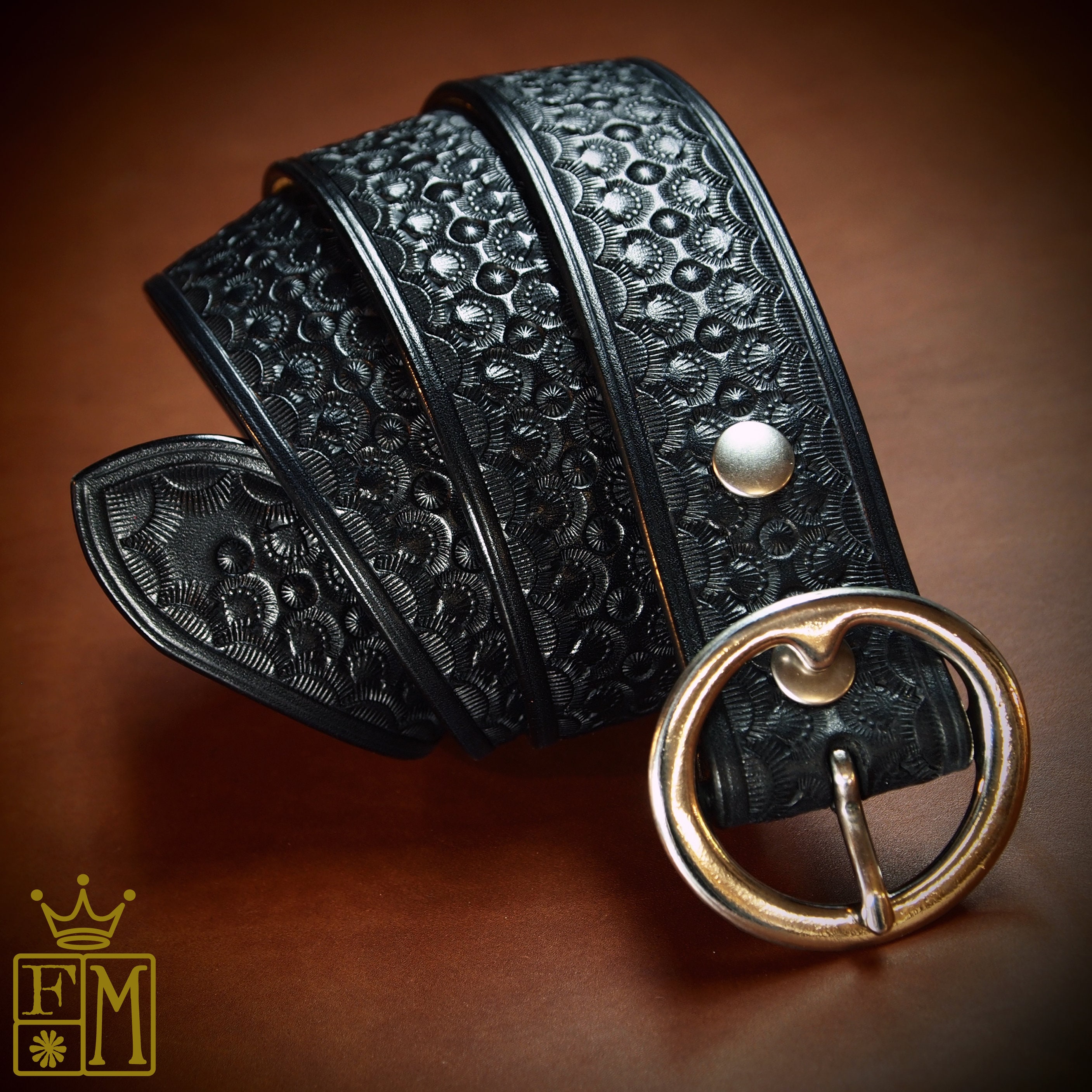 Black Leather Belt : Custom Hand Tooling with unique Stamping pattern. Fine  Vegetable tanned Leather!