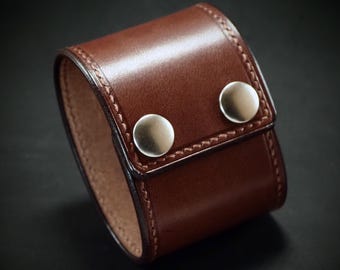 Handstitched Brown Leather Cuff Bracelet: Custom Snap Wristband