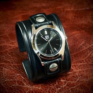 Black Leather cuff Watch : Vintage style Black bridle leather Old school wrist watch! Hand made in New York!