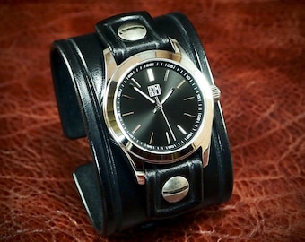 Black Leather cuff Watch : Vintage style Black bridle leather Old school wrist watch! Hand made in New York!