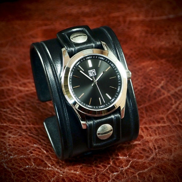 Black Leather cuff Watch : Vintage style Black bridle leather Old school wrist watch! Hand made in New York!