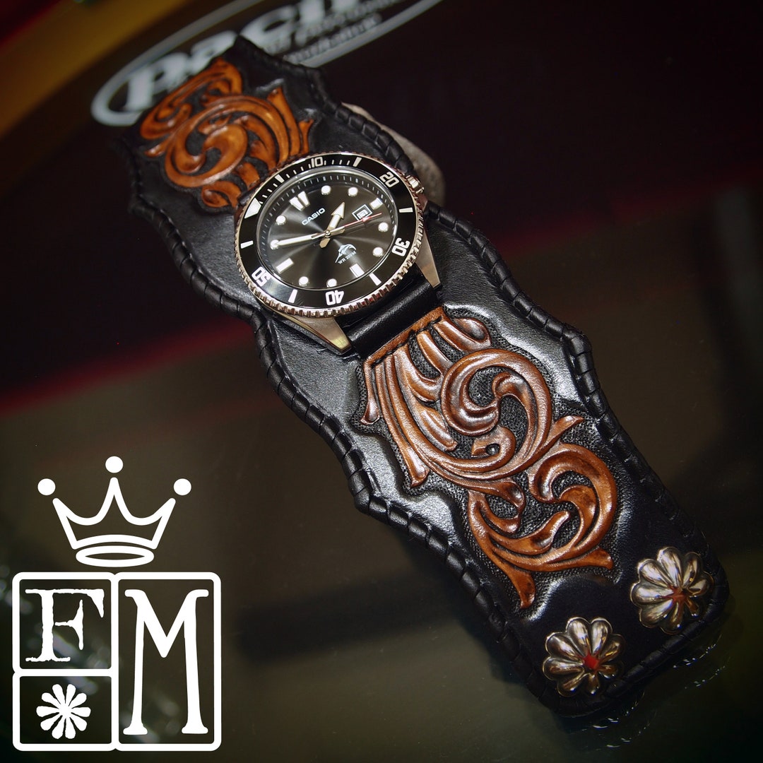 Mens Leather Cuff Watch Black Traditional Scrollwork With Etsy