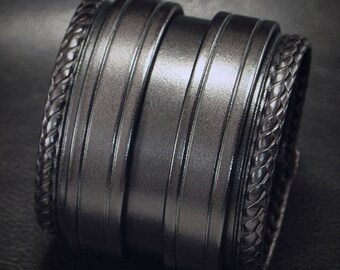 Black Leather Cuff Bracelet: Braided Kangaroo Lace, USA Made