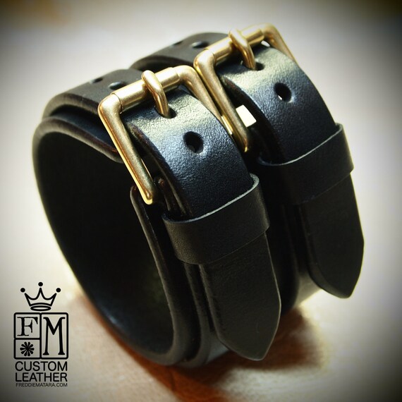 2-1/8" wide black bridle leather double strap cuff, Brass hardware