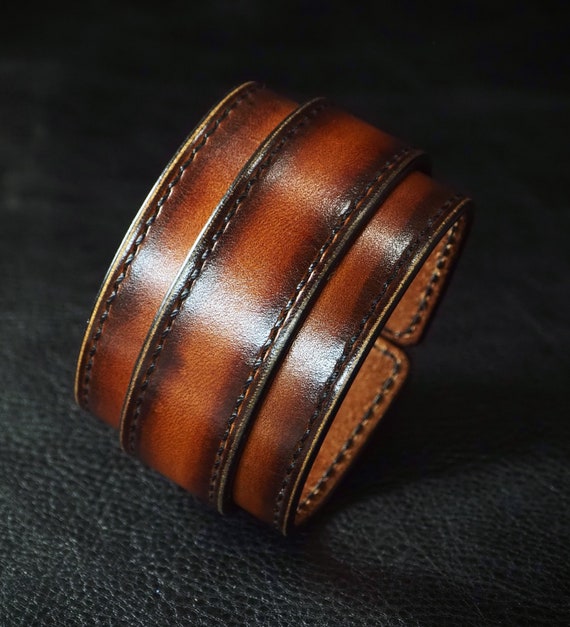 Sunburst Leather Cuff Bracelet : Hand Stitched With Fine Leatherworking  Skills. Best Quailty Made in New York USA 