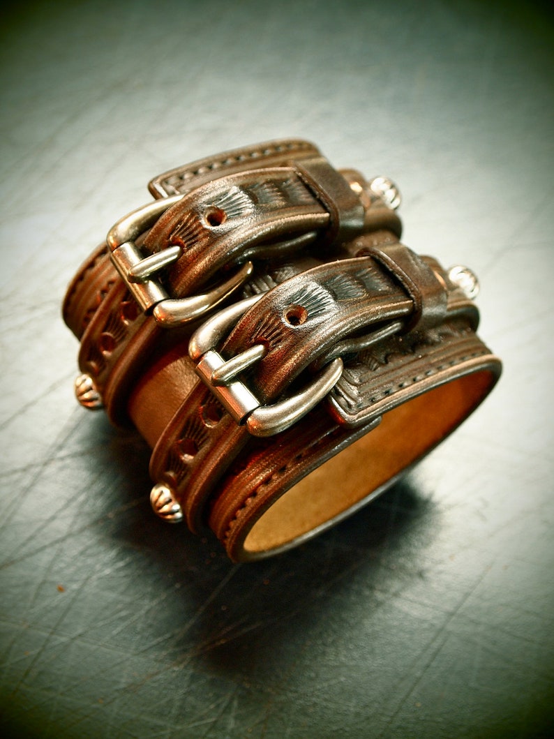 Brown Leather Wrist Cuff : Saddle BrownTraditional studded American Cowboy ROCKSTAR Bracelet. Made in New York image 2