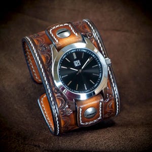 Leather cuff Watch: Brown Vintage sunburst Hand tooled and Handstitched watch band!