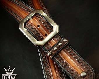 Leather Guitar strap Sunburst Old West Rockstar style Hand tooled, Fine custom Handmade Western style Made for YOU in USA by Freddie Matara