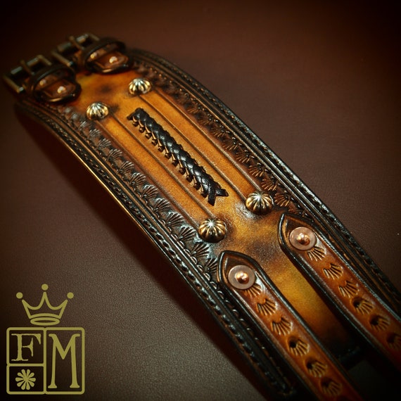 Brown Western Leather cuff : Vintage Cowboy style, western stamped Sunburst wristband Fine quality! Made for YOU in USA by Freddie Matara