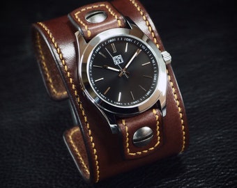 Brown Leather FM Cuff Watch : Vintage Chocolate brown bridle leather watchband - handstitched watch band Made for YOU in New York