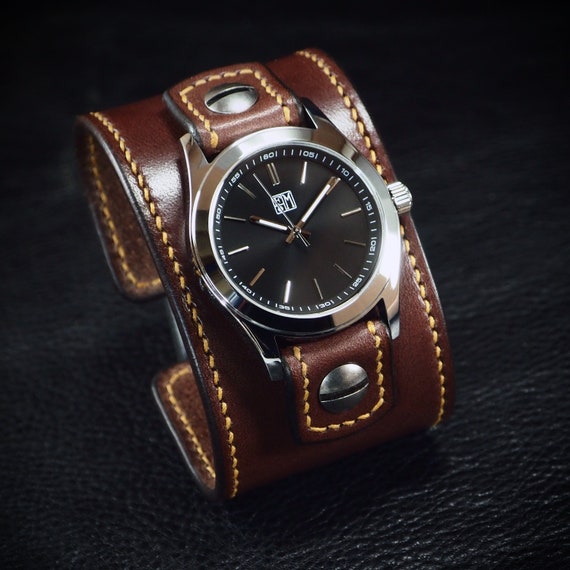 Brown Leather FM Cuff Watch : Vintage Chocolate brown bridle leather watchband - handstitched watch band Made for YOU in New York