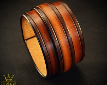 Leather cuff bracelet Sunburst vintage finish wristband Handmade for YOU in USA by Freddie Matara