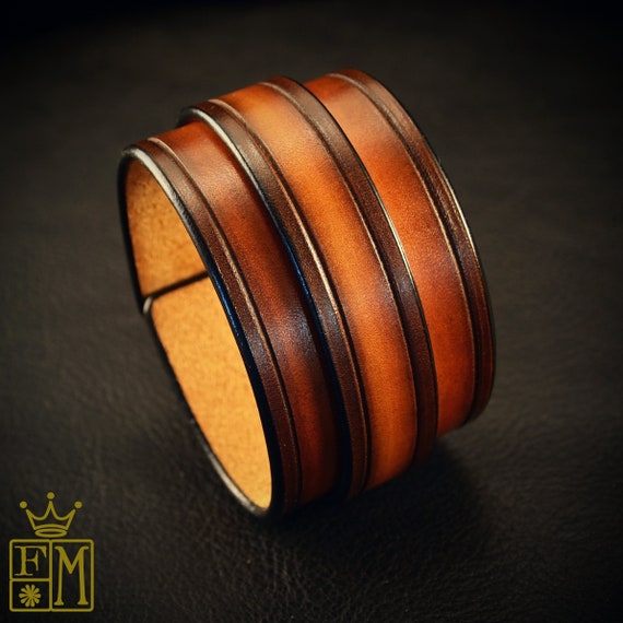 Handmade Leather Cuff Bracelet: Vintage Sunburst Wristband