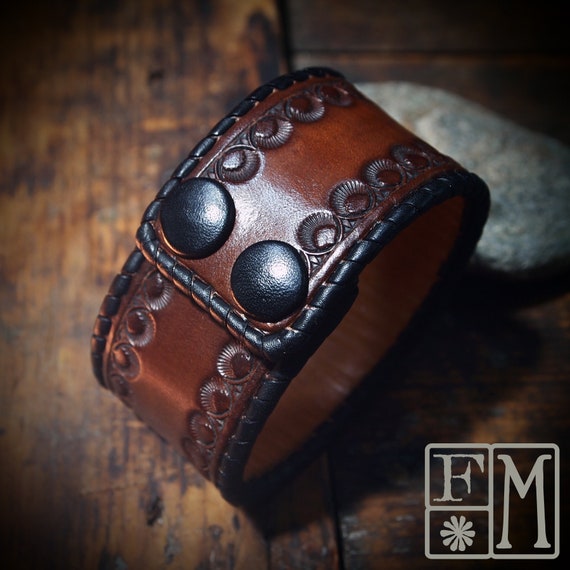 Brown Leather cuff bracelet : Hand stamped LOTUS design wristband with laced edges!