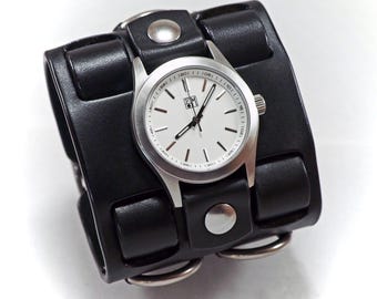 Black Leather cuff watch: Elvis 68 comeback special! Matte face, Wide, Slick vintage style!