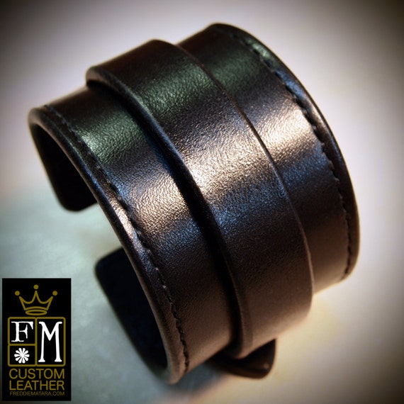 Leather cuff Bracelet black handstitched custom crafted for YOU in New York by Freddie Matara