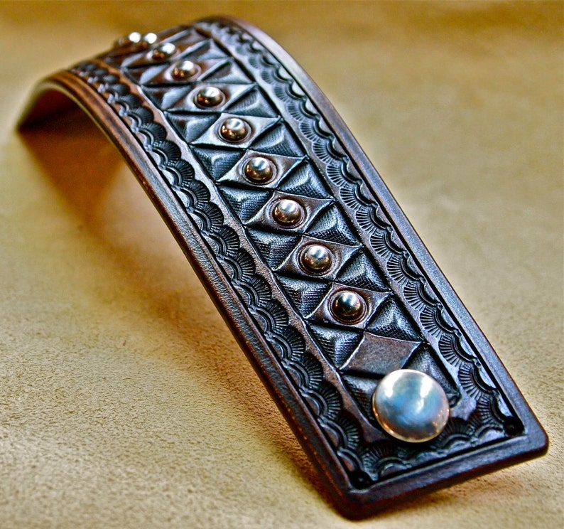Handcrafted in USA! Vintage style Hand tooled with studs Leather cuff bracelet Brown American Cowboy King