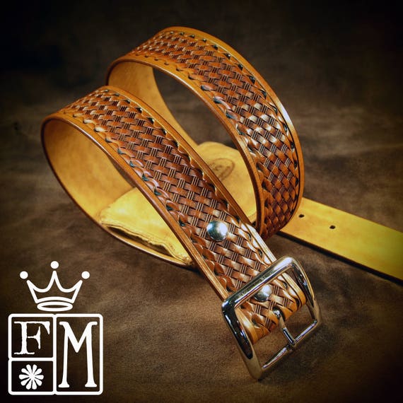 Tan leather belt Tooled basket weave with waved border Polished nickel buckle 1-3/4" wide handmade for YOU in USA by Freddie Matara