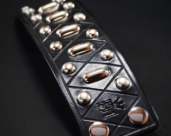 2" Studded Black Leather Cuff: Diamond Pattern Bracelet, Custom Made