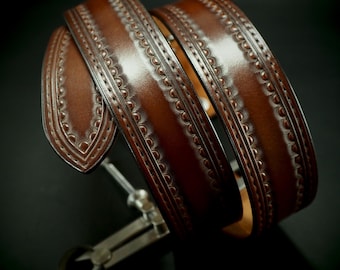 Handmade Brown Leather Belt: 1.5" Tooled Western Border, antique nickel Buckle