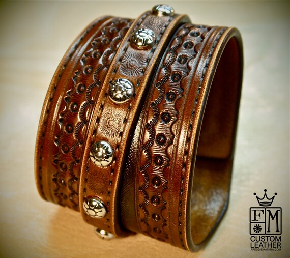 Custom Brown hand tooled leather cuff bracelet Cowboy Western style made for YOU in USA by Freddie Matara!