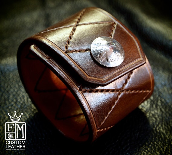 Leather Cuff Custom Quilted Handstitched Luxury Genuine Buffalo Nickel closure New York