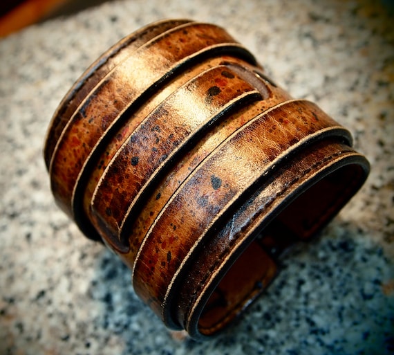 Leather cuff bracelet : Destroyed Brown finish burnished and waxed wristband Made for YOU in New York